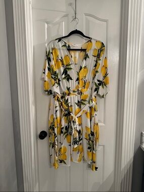 Yellow Lemon Print Midi Dress with Tie Waist